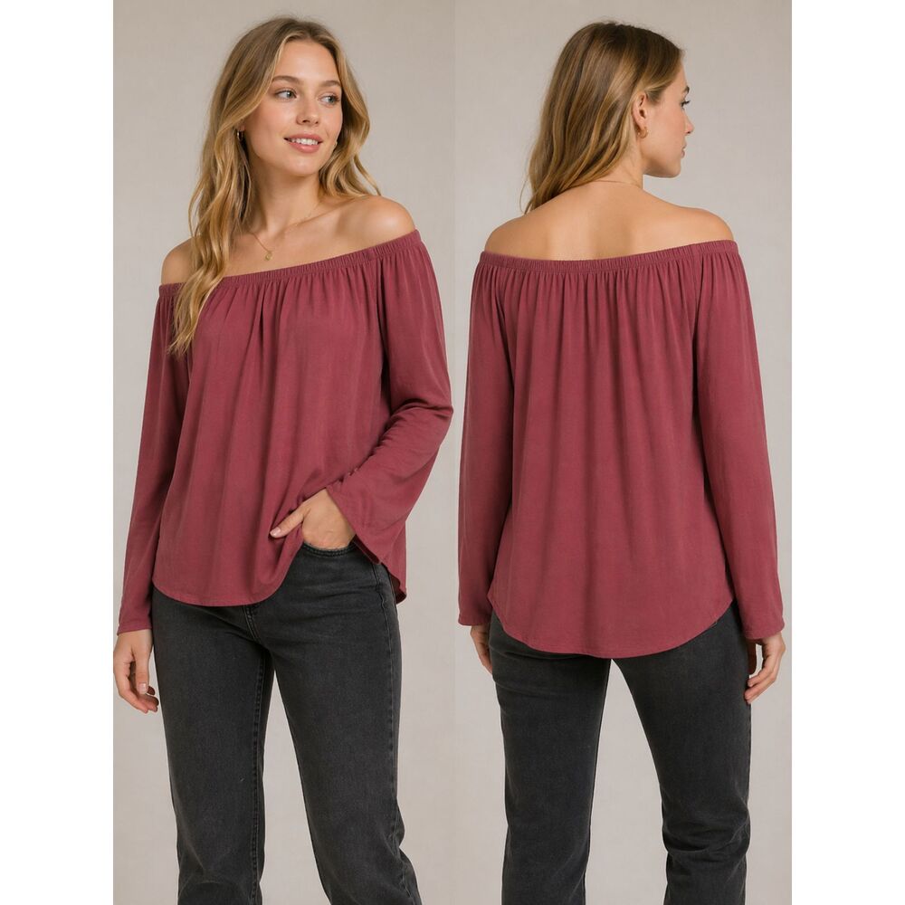 Cloth & Stone Anthropologie Off Shoulder Long Sleeve Top Burgundy red Rayon